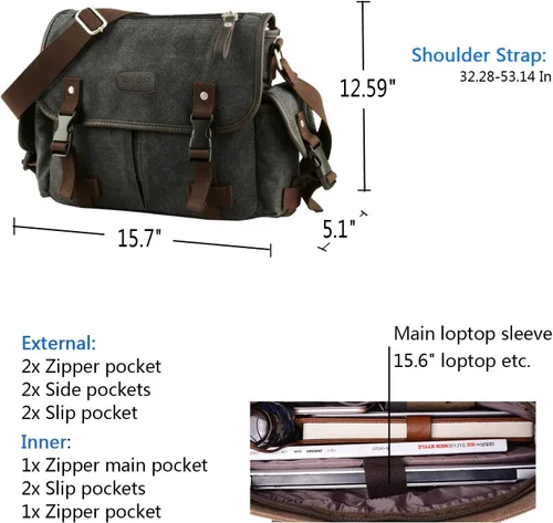 Miniatura 4 de [Actualizado] Bolso mensajero de lona vintage de 13, 15.6 y 17 pulgadas, bolso de hombro grande para computadora portátil, para mujeres y hombres