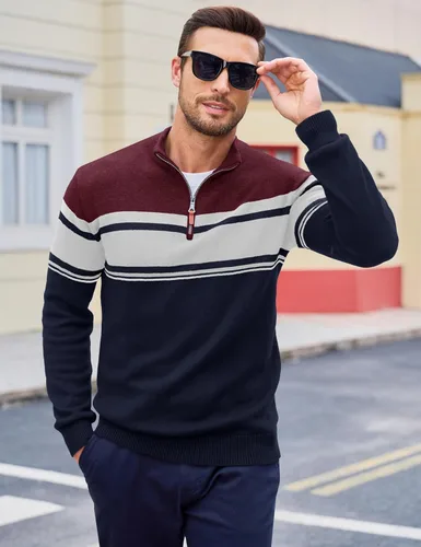 Miniatura 34 de MAGCOMSEN Suéteres de algodón con cremallera de 1/4 para hombre, suéter tipo polo, a rayas, para otoño e invierno, sudaderas cálidas