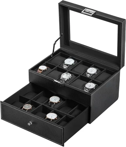 Miniatura 4 de BASTUO Caja de reloj 20 relojes organizador de exhibición de cuero de fibra de carbono de lujo, caja de colección de joyas para hombres y mujeres
