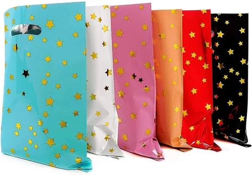 HABILE 48 piezas de bolsas de regalo más gruesas con asas, bolsas de dulces para fiestas de plástico con estrellas brillantes, adecuadas para todo