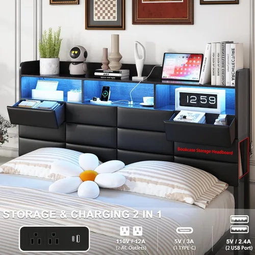 Miniatura 3 de Base de cama negra de tamaño completo con 2 cajones de almacenamiento y estación de carga, marco de cama tapizado con cabecero de piel sintética