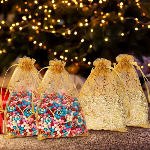 Miniatura 5 de Staruby Bolsas de regalo de organza doradas con cordón de 50 unidades de 4x6 pulgadas y 50 unidades de 5x7 pulgadas, bolsas de malla para regalos