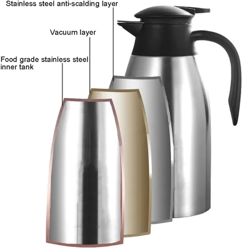 Miniatura 5 de Jarra térmica de acero inoxidable, hervidor de vacío de doble pared de 68 onzas (2 litros), termo para café, té, agua caliente, 24 horas mantiene