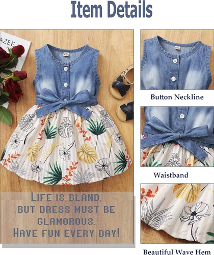 Miniatura 6 de Saeaby Vestido de Niña Bebé Ropa de Verano para Niña Pequeña Vestido sin Mangas para Bebé Vestido de Mezclilla con Flores Vestido de Verano Vestidos