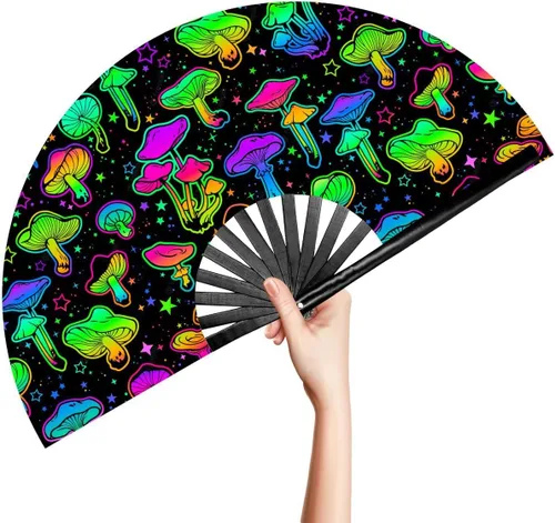 Miniatura 23 de OMyTea Ventilador de mano plegable grande Rave Clack para hombres y mujeres, ventilador de mano de bambú chino japonés - para EDM, festival de Aurora