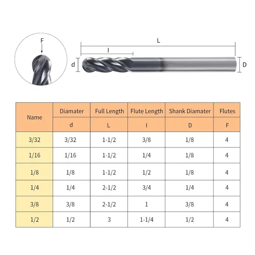 Miniatura 6 de Fresa de punta de bola ISB, diámetro de 1/16", diámetro de vástago de 1/8", brocas de carburo de grano micro de 4 canales para fresadora CNC