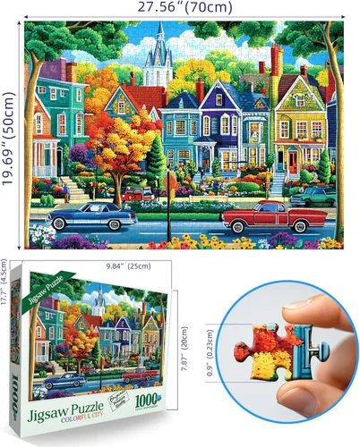 Miniatura 2 de Rompecabezas de paisaje de ciudad de otoño para adultos, 1000 piezas, divertidos y coloridos rompecabezas de otoño vibrante Stree de 1000 piezas