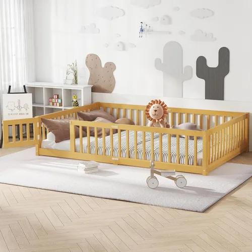 Miniatura 15 de Harper & Bright Designs Cama Montessori de madera tamaño individual, cama de piso con rieles altos, listones y puerta, marco de cama de madera