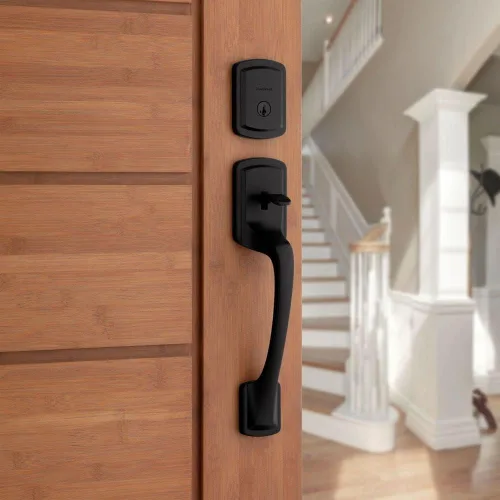 Miniatura 9 de Juego de Manija de Puerta Delantera y Cerrojo de Seguridad Kwikset Praga, Juego de Manija de Entrada Exterior con Perilla Interior de Puerta, Negro