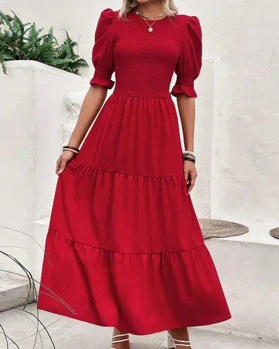 Miniatura 60 de BTFBM Vestidos para mujer, cuello redondo, casual, de verano, con volantes, manga corta, bohemio, con niveles, fruncido, largo, con estampado floral