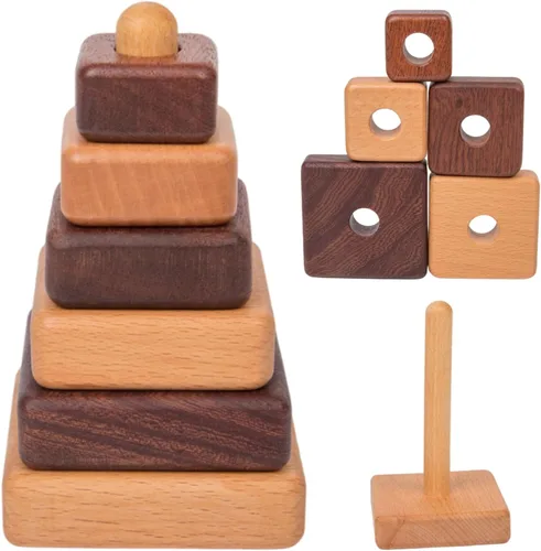 Miniatura 9 de Adena Montessori Juguete apilable de madera con anillo, juguete educativo Montessori geométrico apilador de madera, para bebés y niños pequeños a