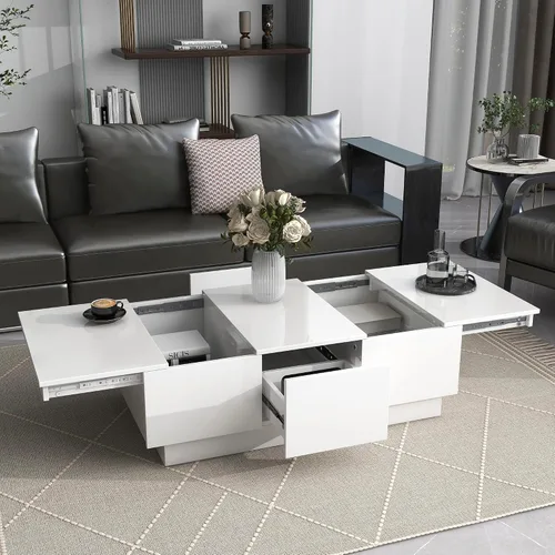 Miniatura 11 de Mesa de centro moderna con vidrio templado, mesa de cóctel de madera con superficie UV de alto brillo, mesa central rectangular modernista de 2 Negro