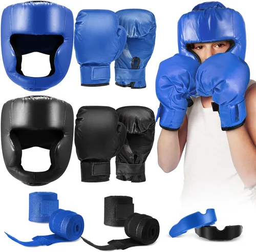 Miniatura 8 de Kanayu Juego de 12 piezas de equipo de boxeo para niños principiantes de 6 a 18 años, incluye casco de boxeo y guantes, vendas, protectores bucales