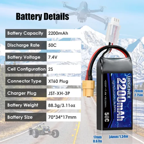 Miniatura 2 de 2S Lipo Batería 2200mAh 7.4V RC Batería con XT60 Plug 50C (Burst 80C) Alta tasa de descarga con cargador apto para coche RC Truggy Avión FPV Drone