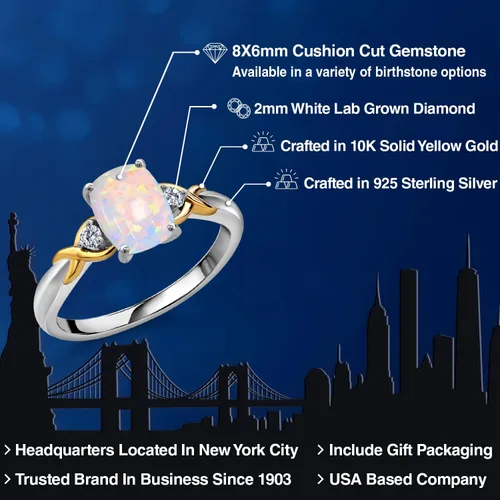 Miniatura 21 de Gem Stone King Anillo de compromiso de 3 piedras preciosas de plata 925 y oro amarillo de 10 quilates de 0.315 x 0.236 in de talla cojín y diamante