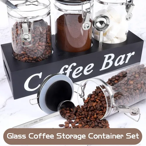 Miniatura 5 de WYTAOHZL 3 recipientes de café de vidrio con estante, organizador de estación de café de 54 oz, almacenamiento de granos de vidrio con cuchara