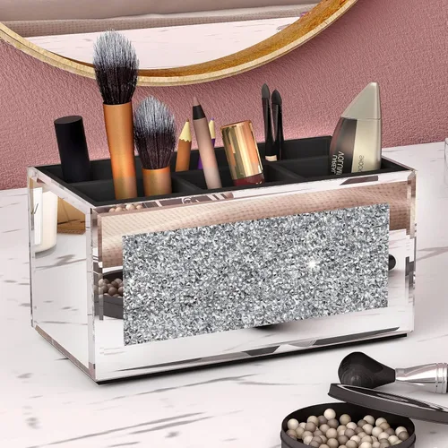 Miniatura 13 de SHYFOY Organizador Portacepillos de Maquillaje Negro, Organizador de Almacenamiento de Cepillos de Cosméticos de 3 Ranuras de Vidrio con Diamante