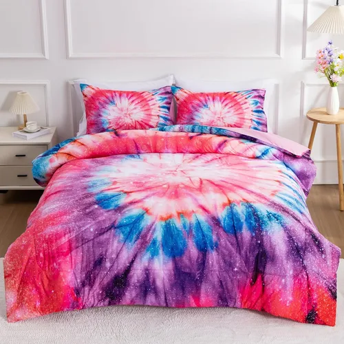 Miniatura 13 de A Nice Night Juego de ropa de cama de 6 piezas en una bolsa Juego de edredón Tie Dye Galaxy para niños, patrón de espiral psicodélico colorido Rosa