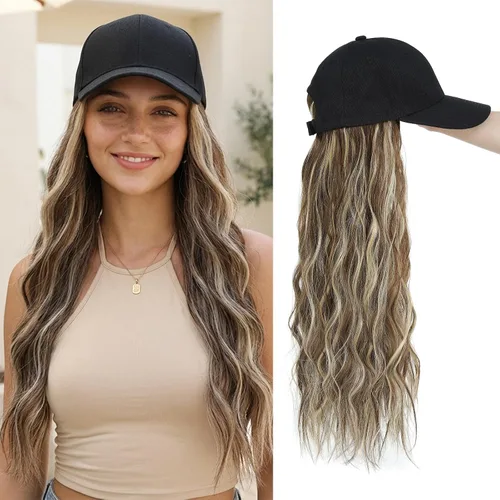 Miniatura 16 de Gorra de béisbol con peluca y extensiones de cabello, con piezas de cabello sintético marrón resistente al calor unidas, para mujeres y niñas