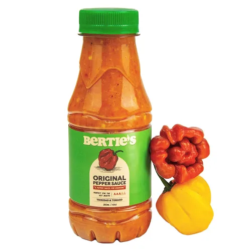 Bertie's Salsa de pimienta original (10 onzas/10.1 fl oz), gran sabor y calor, hecha con pimientos amarillos frescos de Trinidad Moruga Red y Scotch