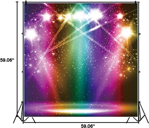 Miniatura 8 de YongFoto Telón de fondo de escenario de color arcoíris de 5 x 5 pies, purpurina brillante, morado, rosa, naranja, verde, luz de punto