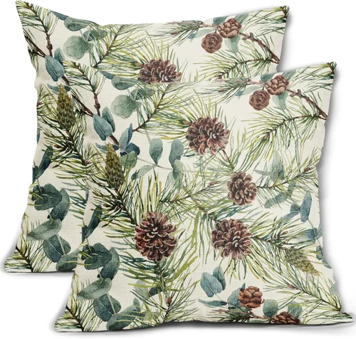 Miniatura 11 de Fundas de almohada florales de invierno 12x20 pulgadas - Juego de 2, estampado de flores de acuarela verde con hojas, temática rústica, fundas Árbol