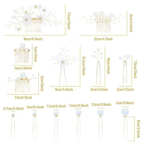Miniatura 7 de inSowni Paquete de 26 peines laterales de boda con perlas de flores doradas+horquillas en forma de U, pasadores decorativos con diamantes