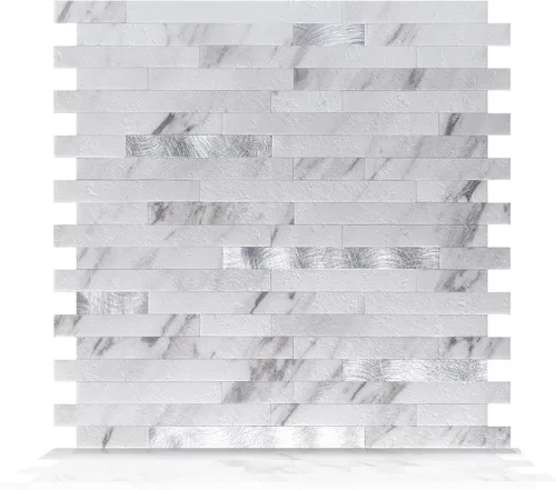 Miniatura 10 de Art3d - Azulejos despega y pega de 10 hojas para salpicadero de cocina, baño, chimenea y lavandería en color pizarra blanca con tachuelas doradas