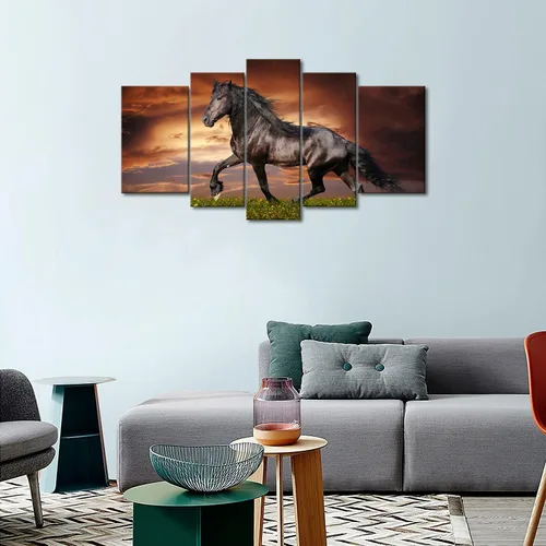Miniatura 2 de Arte de pared de 5 paneles negro Friesian Running Horse Trot en el campo al atardecer, hierba y flores, cuadros impresos en lienzo, animales
