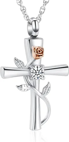 Miniatura 23 de shajwo Collar de Urna en Cruz para Cenizas con Piedra de Nacimiento Rosa Flor Joyería de Cremación para Mujeres Niñas Recuerdo Memorial Colgante