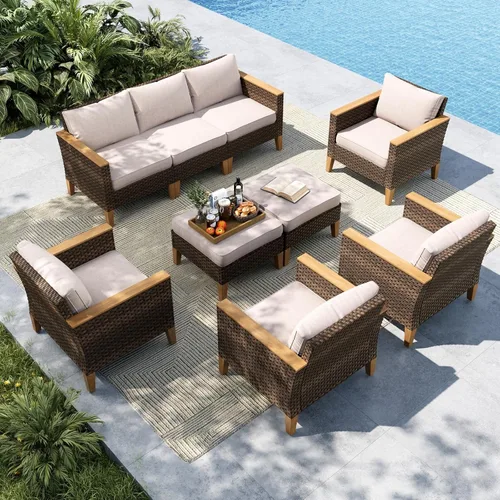 Miniatura 12 de MFSTUDIO Juego de 2 muebles de ratán para patio, sofá biplaza de mimbre para exteriores, juego de conversación para jardín, piscina, patio trasero