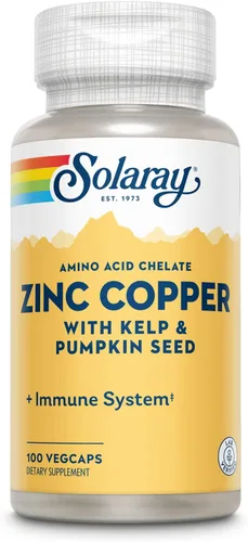 SOLARAY Quelato de aminoácidos de zinc y cobre, suplemento de apoyo inmunológico con cinc quelado de 50 mg - hueso, piel, salud cardíaca y apoyo