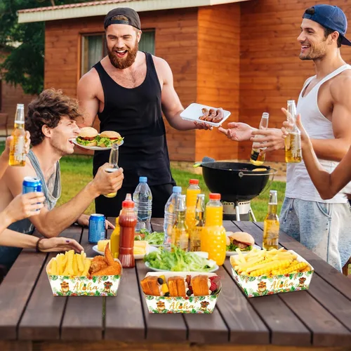Miniatura 7 de Blulu Paquete de 50 bandejas de papel desechables para decoración de fiestas hawaianas, bandeja para nachos Aloha Nacho, soporte para alimentos