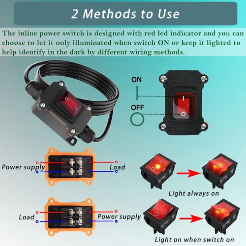 Miniatura 6 de Interruptor en línea de 5 pies y 12 V IP68 impermeable, interruptor de palanca de encendido/apagado para exteriores con caja de conexiones