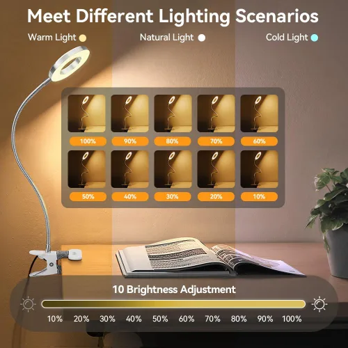 Miniatura 2 de Skymore Luz de clip - 3 modos de color y 10 luces LED de escritorio de lectura con abrazadera flexible de cuello de cisne para lectura de niños a