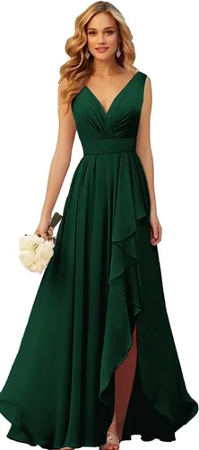 Vestido largo de dama de honor con cuello en V y volantes, de gasa, con abertura, fruncido, acampanado, vestidos formales de noche