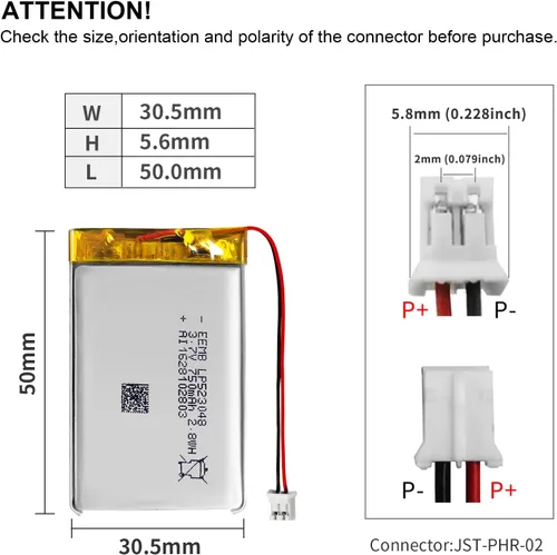 Miniatura 3 de EEMB Batería de polímero de litio 3.7V 750mAh 523048 Lipo Batería recargable con conector JST de cable para altavoz y dispositivo inalámbrico