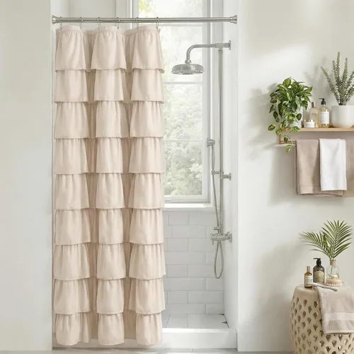 Miniatura 29 de Cortina de ducha Seasonwood de tela blanca con volantes, cortina de ducha estilo granja, cortinas de ducha de 72 x 84 pulgadas con botones y Blanco