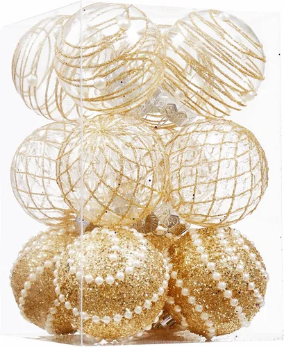 12 unidades de esferas de Navidad de adorno doradas, irrompibles, de plástico transparente, grandes, decoración para árbol de Navidad, delicados