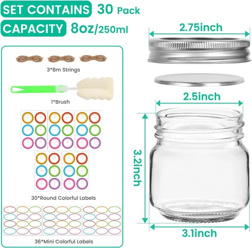 Miniatura 2 de Paquete de 30 tarros Mason de 8 onzas con tapas herméticas de boca regular, tarros de vidrio de 8 onzas para manualidades, preparación de comidas
