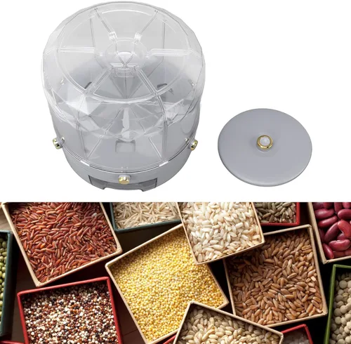 Miniatura 3 de Contenedor de almacenamiento de granos, caja dispensadora de arroz giratoria, dispensador de granos de 6 rejillas, dispensador de alimentos
