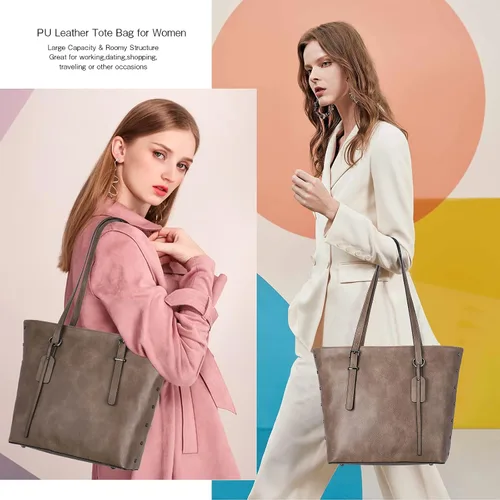 Miniatura 6 de KL928 Bolso de mano para mujer, bolso de mano de piel sintética, bolso de hombro grande, asa superior, monederos, juego de 2 piezas