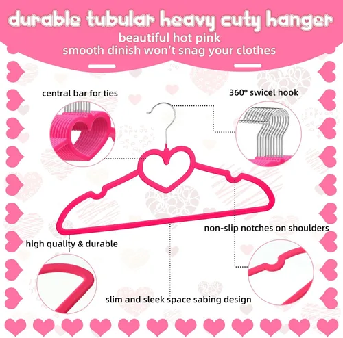 Miniatura 3 de Qunclay 50 piezas de perchas de terciopelo rosa brillante con forma de corazón, perchas antideslizantes de fieltro para ropa, percha de corazón