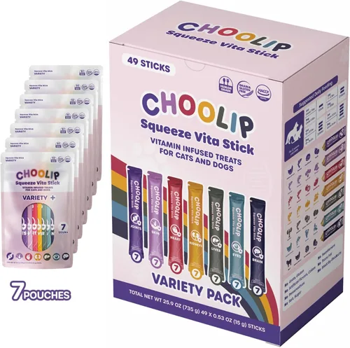 Miniatura 14 de Choolip Squeeze Vita Stick - Golosinas para lamer para gatos y perros, 49 unidades de atún y abadejo con calabaza, arándano y omega-3, caja con 7