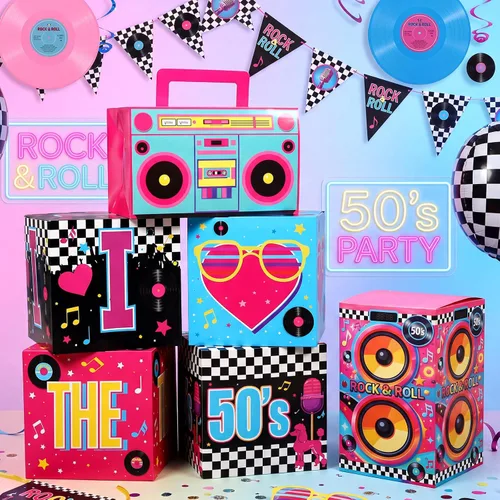 Miniatura 3 de Amyhill 6 piezas de decoraciones grandes de fiesta de los años 50, juego de recuerdos de hip hop, cajas de fiesta de papel, decoración temática