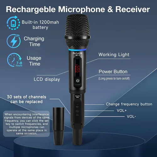 Miniatura 4 de Micrófono inalámbrico recargable UHF para cantar con bolso, micrófono dinámico de mano de metal con receptor, micrófono de karaoke inalámbrico