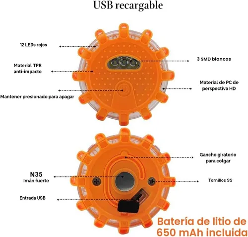 Miniatura 3 de Ecoangel Bengalas LED de Carretera Recargables por USB Luces de Emergencia - Baliza de Seguridad para Automóvil de Advertencia en Carretera Kit de 3