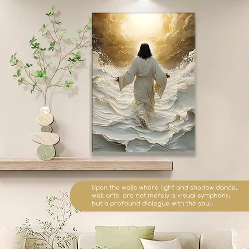 Miniatura 7 de Lienzo enmarcado dorado y blanco de Jesús caminando sobre el agua, arte de pared, póster religioso cristiano, cuadro de pintura de Cristo