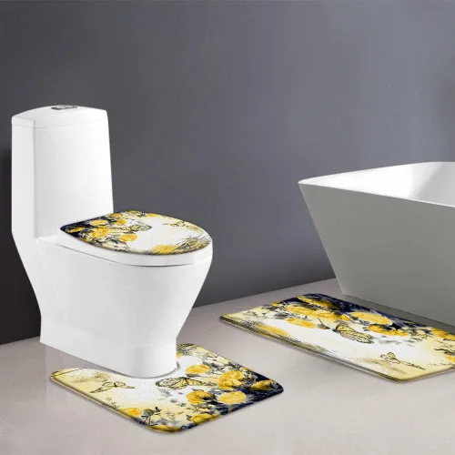 Miniatura 2 de Alfombras de baño de 3 piezas con diseño de flores y mariposas, color amarillo, rosa, floral, spa, lago, animales salvajes, reflejo de agua