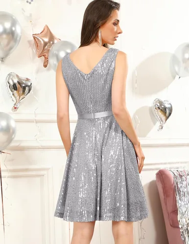 Miniatura 3 de DRESSTELLS Vestido de lentejuelas para mujer, cuello en V, sin mangas, brillante, vestido de cóctel acampanado, vestido sexy para fiesta y club